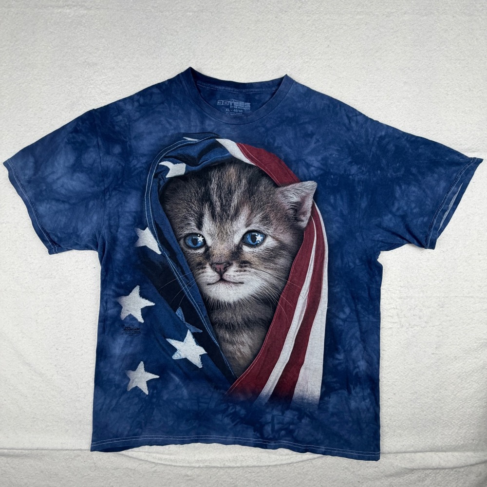 The Mountain Patriotic Kitten American Flag Tie Dye T-Shirt XL Blue Cat 2014